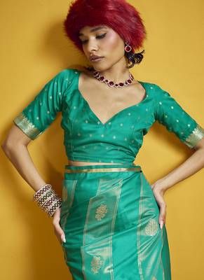 Turquoise pure satin handloom weaving silk blend festival wear saree 4