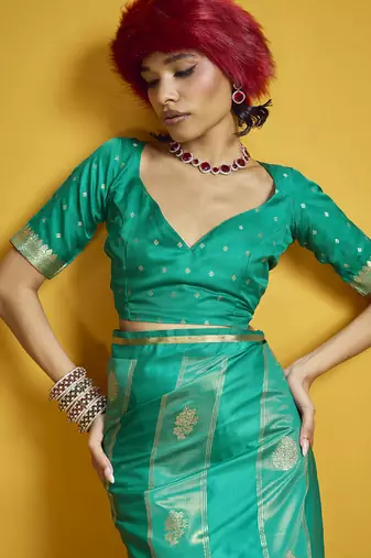 Turquoise pure satin handloom weaving silk blend festival wear saree