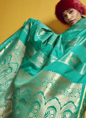 Turquoise pure satin handloom weaving silk blend festival wear saree 5