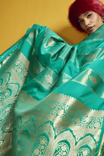 Turquoise pure satin handloom weaving silk blend festival wear saree