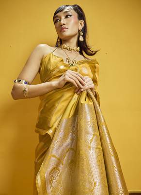 Mustard pure satin handloom weaving silk blend festival wear saree 4
