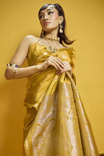 Mustard pure satin handloom weaving silk blend festival wear saree