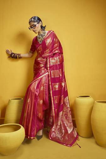 Red satin handloom weaving silk blend festival wear saree