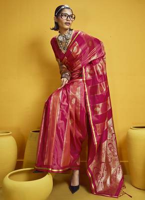 Red satin handloom weaving silk blend festival wear saree 2