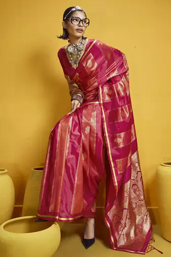 Red satin handloom weaving silk blend festival wear saree