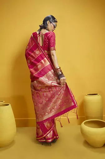 Red satin handloom weaving silk blend festival wear saree
