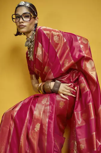 Red satin handloom weaving silk blend festival wear saree