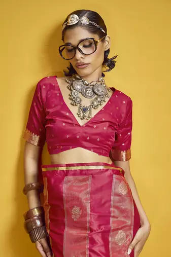Red satin handloom weaving silk blend festival wear saree