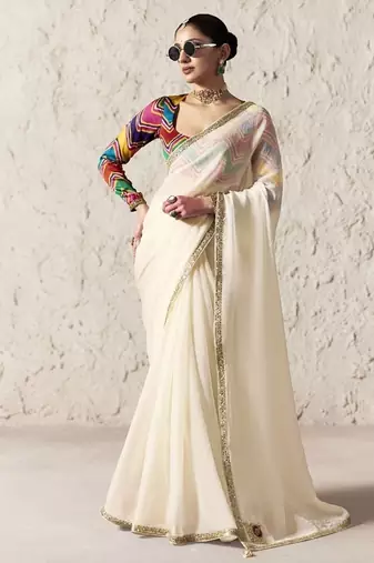 Off white fancy glass tissue organza saree with sequins & dhaga embroidery work designer saree
