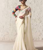 Off white fancy glass tissue organza saree with sequins & dhaga embroidery work designer saree