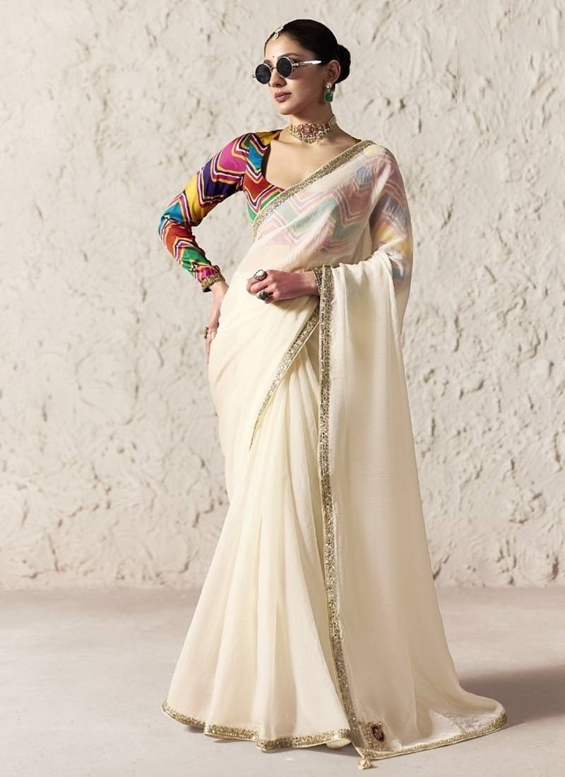 Off white fancy glass tissue organza saree with sequins & dhaga embroidery work designer saree