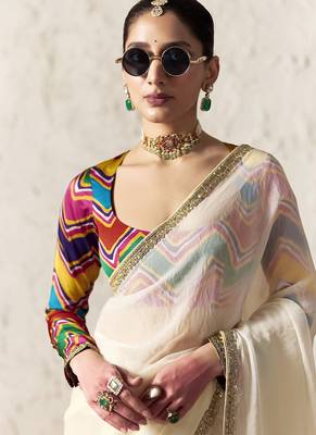 Off white fancy glass tissue organza saree with sequins & dhaga embroidery work designer saree 2