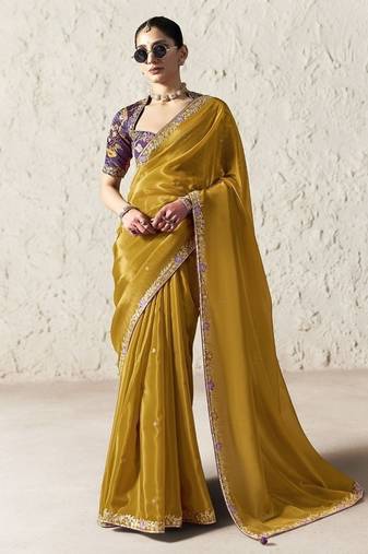 Mustard fancy glass tissue organza saree with sequins & dhaga embroidery work designer saree