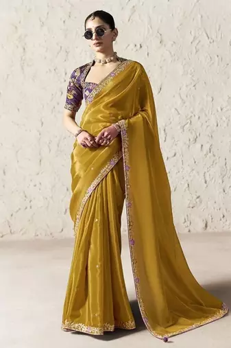 Mustard fancy glass tissue organza saree with sequins & dhaga embroidery work designer saree
