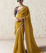 Mustard fancy glass tissue organza saree with sequins & dhaga embroidery work designer saree