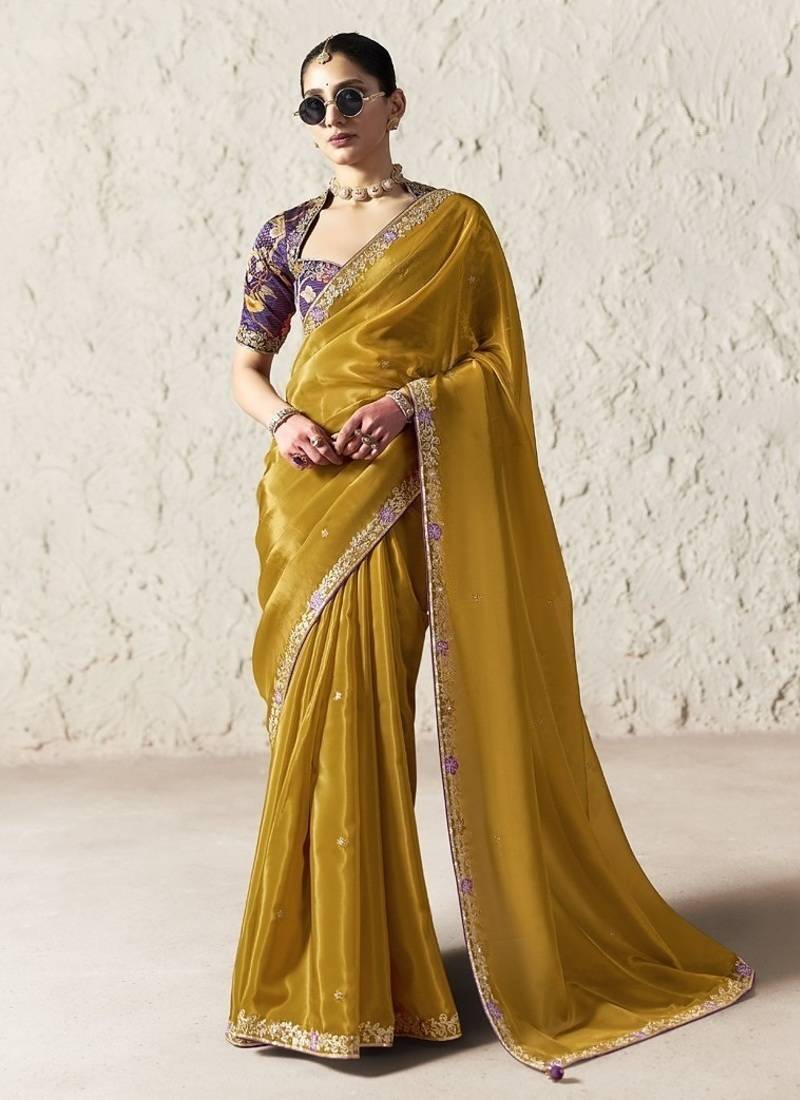 Mustard fancy glass tissue organza saree with sequins & dhaga embroidery work designer saree