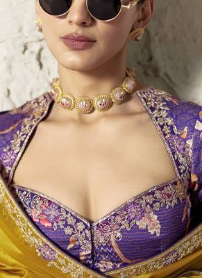 Mustard fancy glass tissue organza saree with sequins & dhaga embroidery work designer saree 2