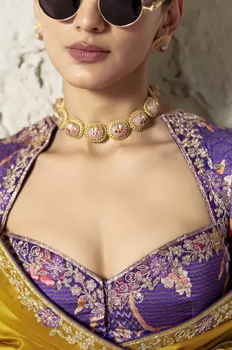 Mustard fancy glass tissue organza saree with sequins & dhaga embroidery work designer saree