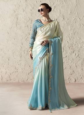 Shaded white & sky blue fancy glass tissue organza saree with sequins & dhaga embroidery work designer saree 1