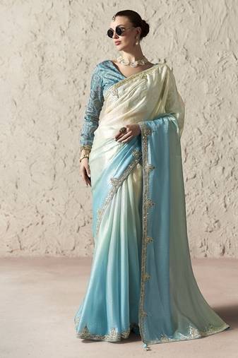 Shaded white & sky blue fancy glass tissue organza saree with sequins & dhaga embroidery work designer saree