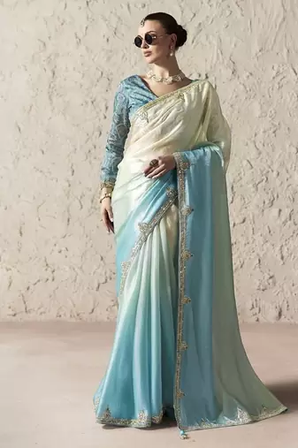 Shaded white & sky blue fancy glass tissue organza saree with sequins & dhaga embroidery work designer saree