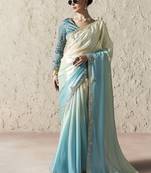 Shaded white & sky blue fancy glass tissue organza saree with sequins & dhaga embroidery work designer saree