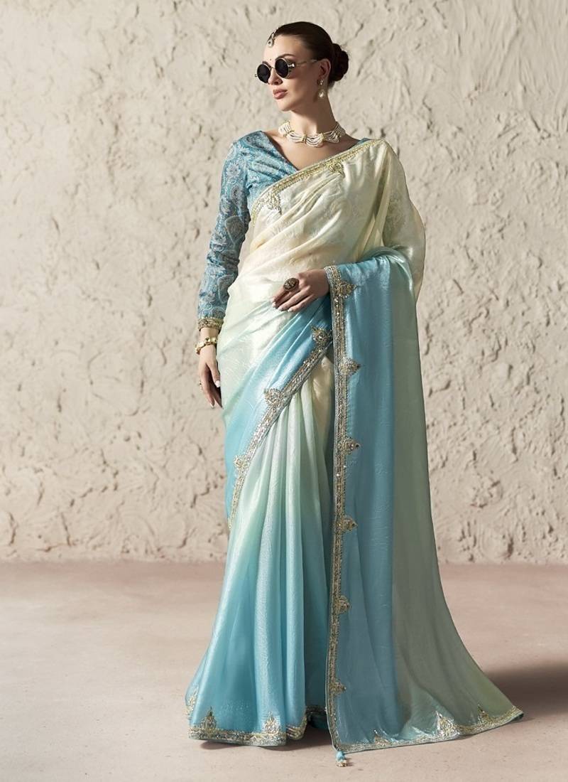 Shaded white & sky blue fancy glass tissue organza saree with sequins & dhaga embroidery work designer saree