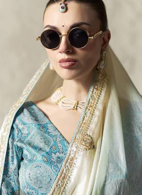 Shaded white & sky blue fancy glass tissue organza saree with sequins & dhaga embroidery work designer saree 2