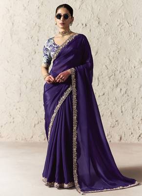 Purple fancy glass tissue organza saree with sequins & dhaga embroidery work designer saree 1