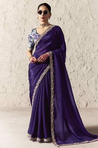 Purple fancy glass tissue organza saree with sequins & dhaga embroidery work designer saree