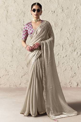 Beige fancy glass tissue organza saree with sequins & dhaga embroidery work designer saree