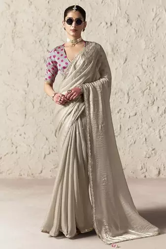Beige fancy glass tissue organza saree with sequins & dhaga embroidery work designer saree