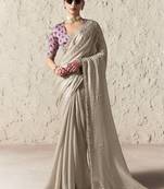 Beige fancy glass tissue organza saree with sequins & dhaga embroidery work designer saree