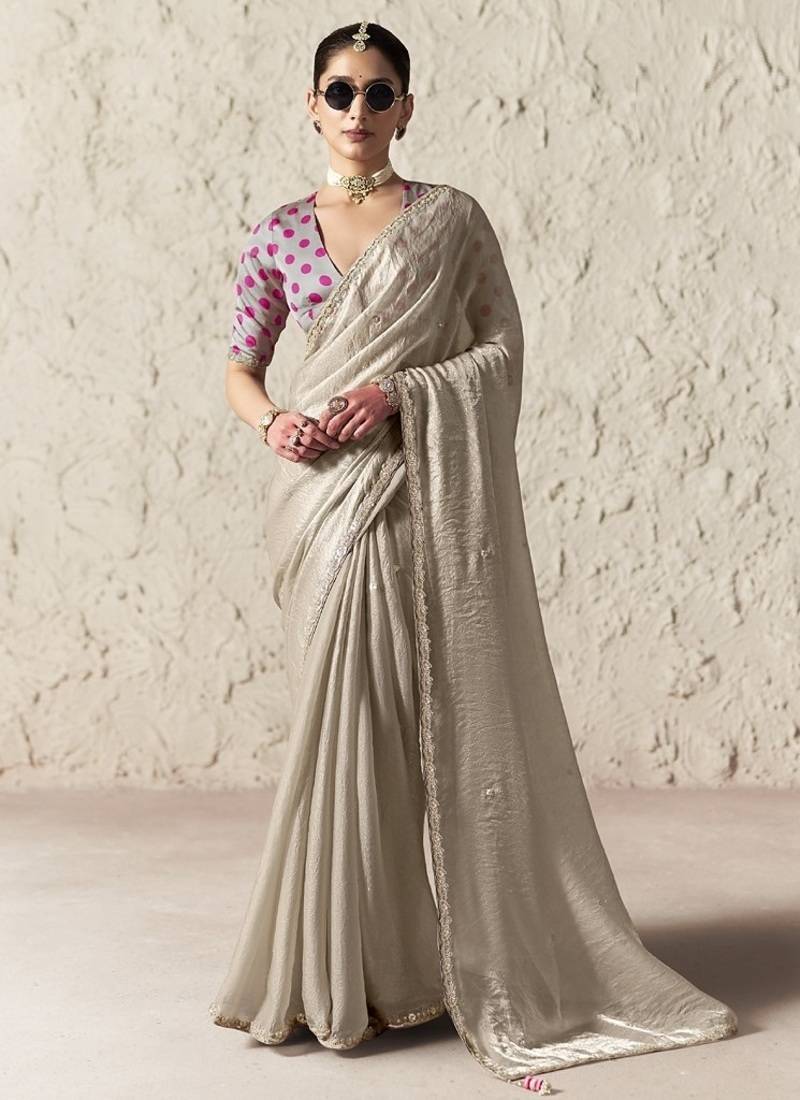 Beige fancy glass tissue organza saree with sequins & dhaga embroidery work designer saree