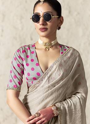 Beige fancy glass tissue organza saree with sequins & dhaga embroidery work designer saree 2