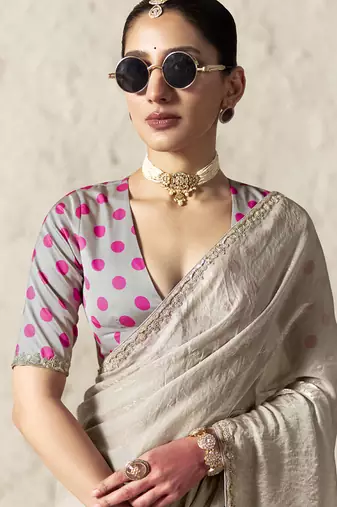 Beige fancy glass tissue organza saree with sequins & dhaga embroidery work designer saree