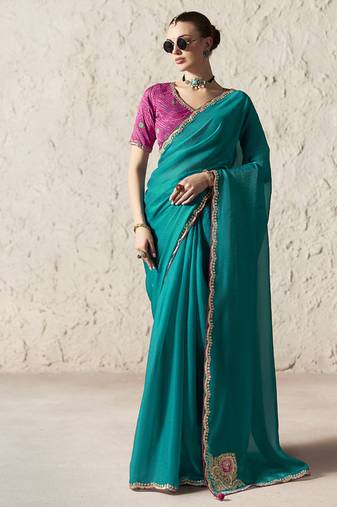 Aqua fancy glass tissue organza saree with sequins & dhaga embroidery work designer saree