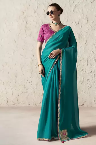 Aqua fancy glass tissue organza saree with sequins & dhaga embroidery work designer saree