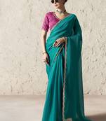 Aqua fancy glass tissue organza saree with sequins & dhaga embroidery work designer saree