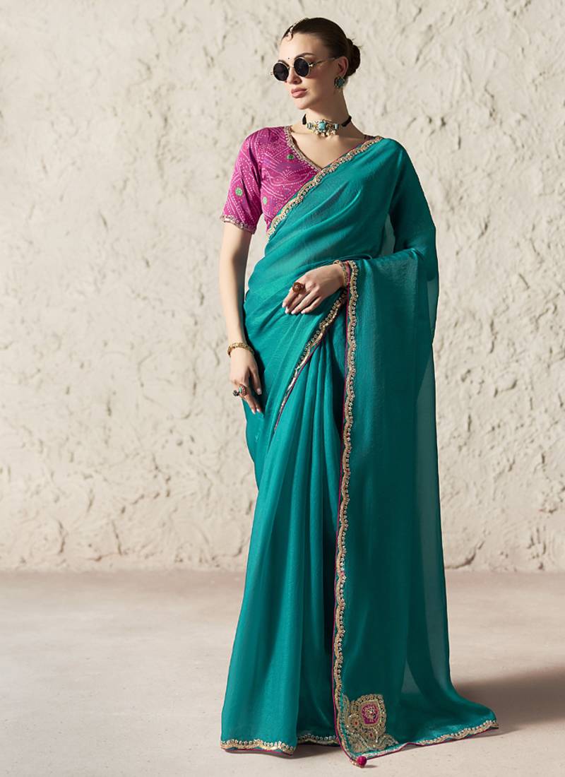 Aqua fancy glass tissue organza saree with sequins & dhaga embroidery work designer saree