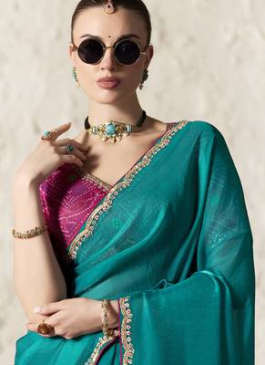 Aqua fancy glass tissue organza saree with sequins & dhaga embroidery work designer saree 2