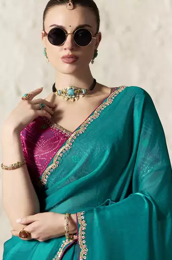 Aqua fancy glass tissue organza saree with sequins & dhaga embroidery work designer saree
