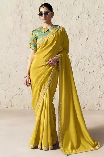 Lemon fancy glass tissue organza saree with sequins & dhaga embroidery work designer saree