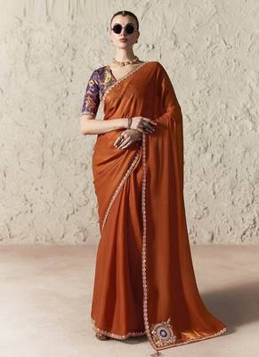 Rust fancy glass tissue organza saree with sequins & dhaga embroidery work designer saree 1