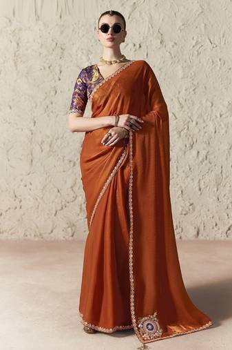 Rust fancy glass tissue organza saree with sequins & dhaga embroidery work designer saree