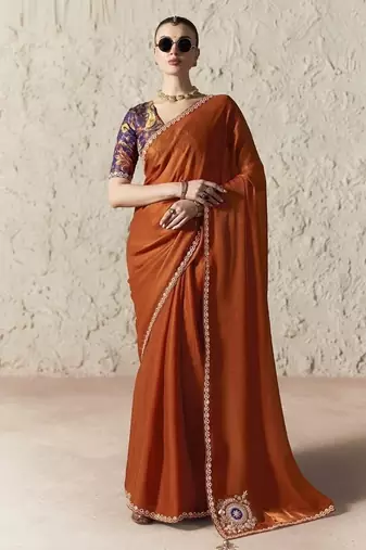 Rust fancy glass tissue organza saree with sequins & dhaga embroidery work designer saree