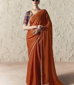 Rust fancy glass tissue organza saree with sequins & dhaga embroidery work designer saree