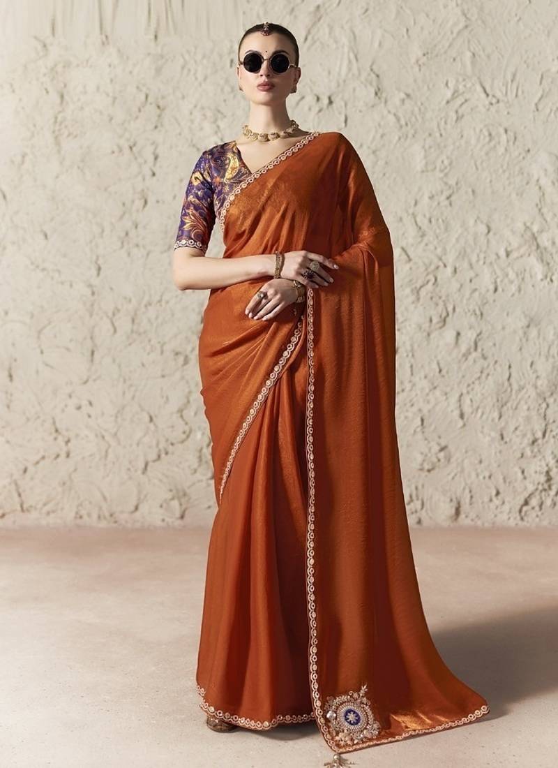 Rust fancy glass tissue organza saree with sequins & dhaga embroidery work designer saree