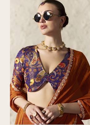 Rust fancy glass tissue organza saree with sequins & dhaga embroidery work designer saree 2
