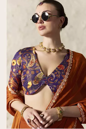 Rust fancy glass tissue organza saree with sequins & dhaga embroidery work designer saree